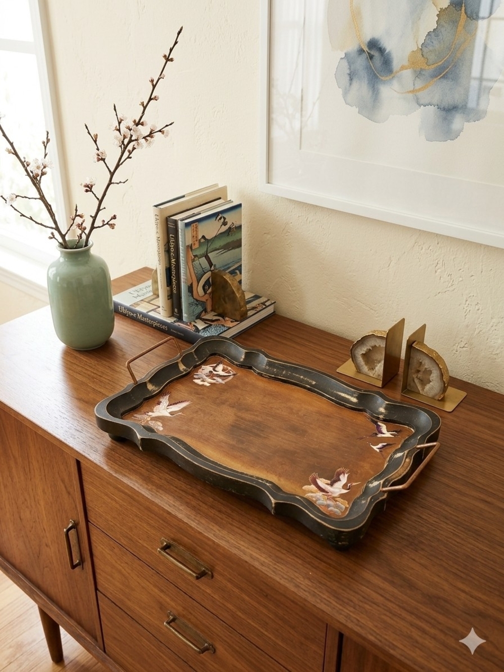 Hand-Painted Decorative Wood Serving Tray in Brown